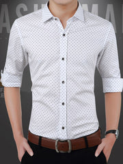 Men's white slim fit shirt with a subtle dark dot pattern, classic collar, and button-down front.