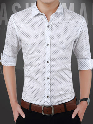 Men's white slim fit shirt with a subtle dark dot pattern, classic collar, and button-down front.