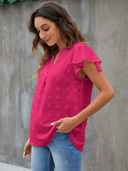 Hot Pink flutter sleeve Swiss dot blouse with V-neck and ruffle detail.