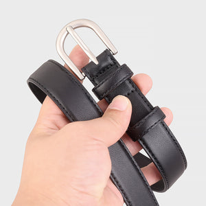 Black cowhide leather belt with silver buckle and stitched detail.