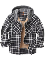 Men's grey and black plaid hooded flannel jacket with sherpa lining and elbow patches.
