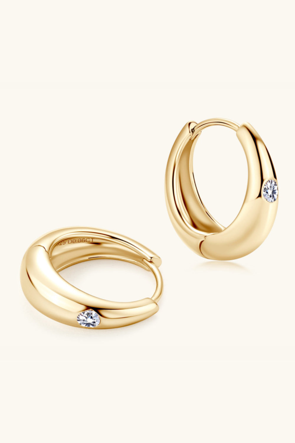 Gold sculpted hoop earrings with crystal accent, 925 sterling silver