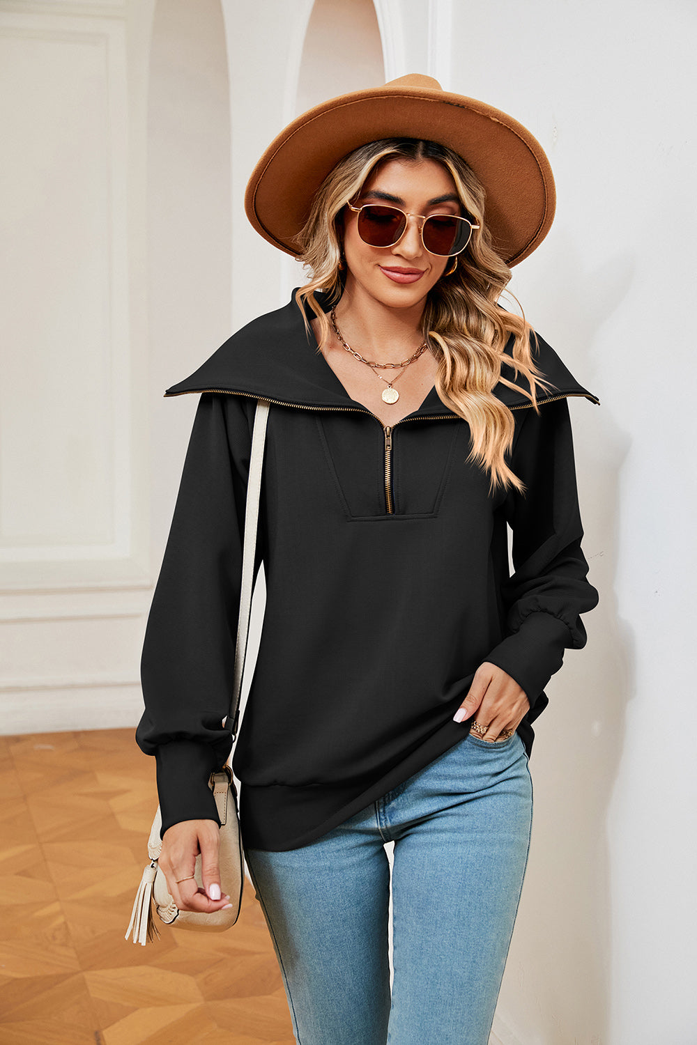 Black wide collar zip-through sweatshirt with a relaxed fit and long sleeves.