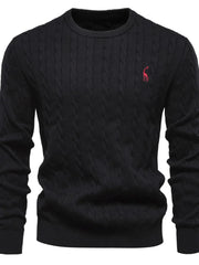 Black cable knit crewneck sweater with embroidered detail