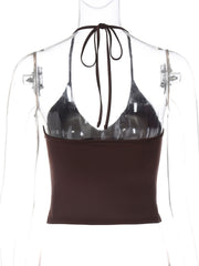 Coffee brown halter neck cami with tie detail and square neckline