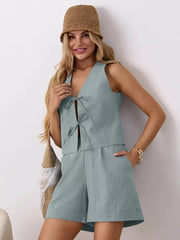 Blue cotton tie-front sleeveless top and shorts set with V-neck.