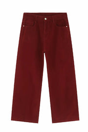 Burgundy wide-leg denim jeans with a relaxed fit and classic five-pocket styling.