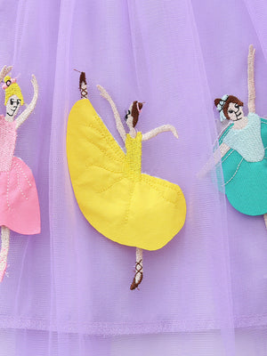 Lavender tulle dress with embroidered ballerinas in pink, yellow, and teal.