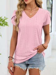 Blush pink eyelet tee with petal sleeves and V-neck.