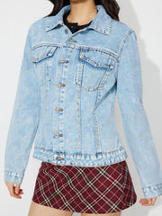 Light wash denim jacket with classic button front and chest pockets.