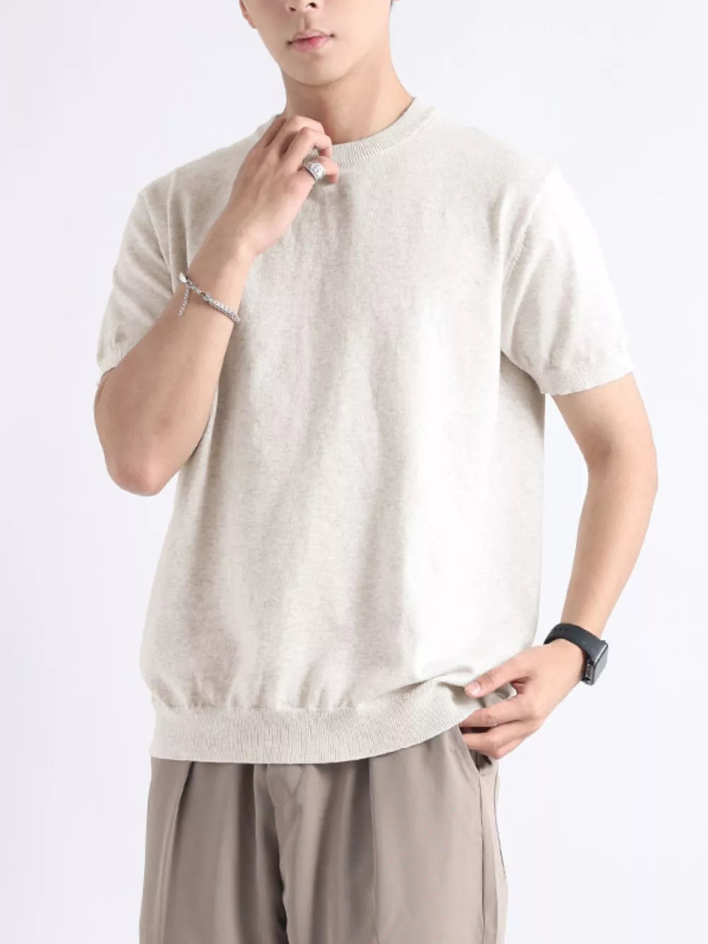 Men's knitted t-shirt in Flower Apricot Color, crew neck, short sleeves, relaxed fit