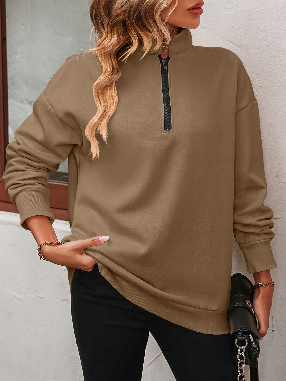 Camel quarter-zip relaxed fit sweatshirt with black zipper detail