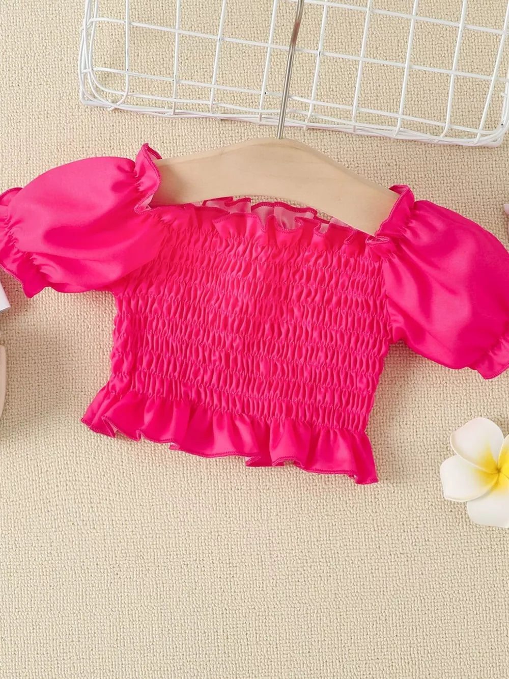 Children's Smocked Top And Denim Skirt Set in Rose Red, side view