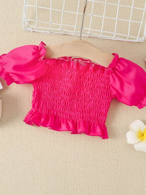Children's Smocked Top And Denim Skirt Set in Rose Red, side view