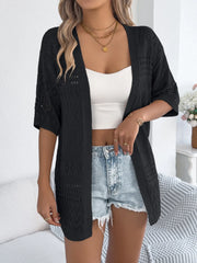 Black open-knit short sleeve duster cardigan with diamond pattern detail.