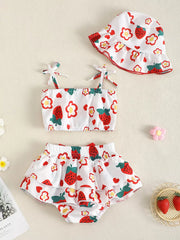 Baby strawberry print set with ruffled bloomers and bucket hat.