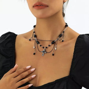 Gothic Cross Pendant Necklace Alloy Resin in Black, model styling view