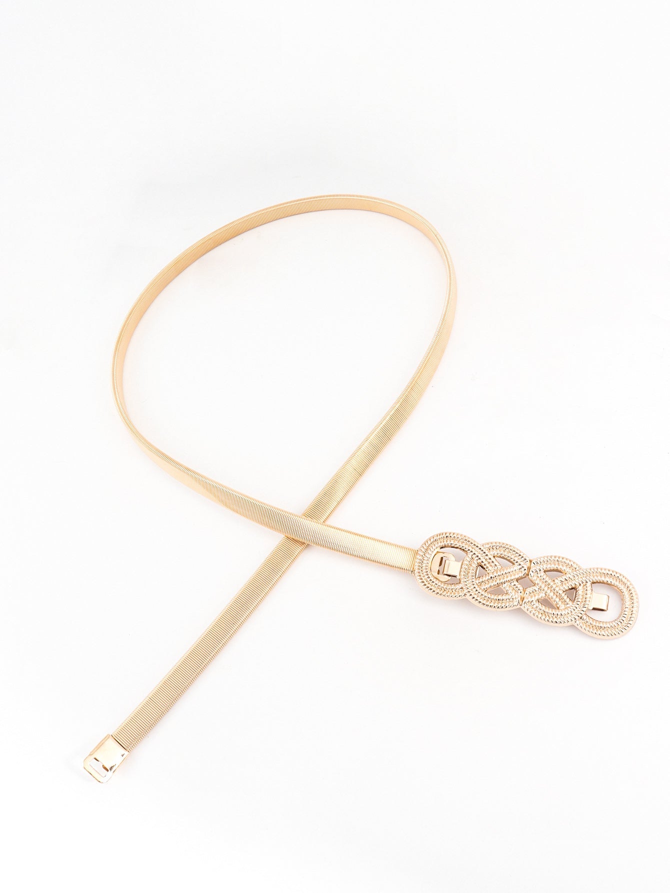Gold elastic waist belt with intertwined knot detail and buckle closure