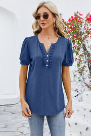 Dark Blue ruffled placket puff sleeve tee with button detail and v-neck
