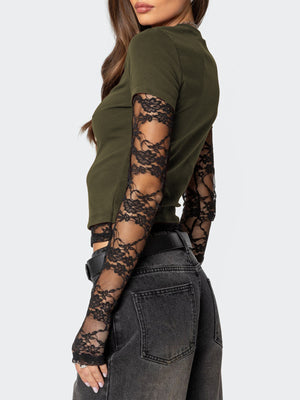 Military green fitted t-shirt with black lace sleeves and crew neck.