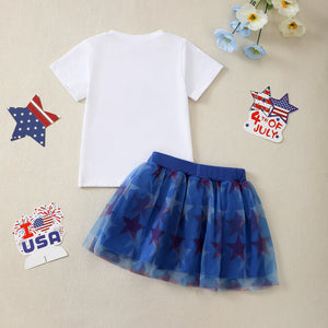 White cotton tee with blue star tulle skirt set for baby girls.