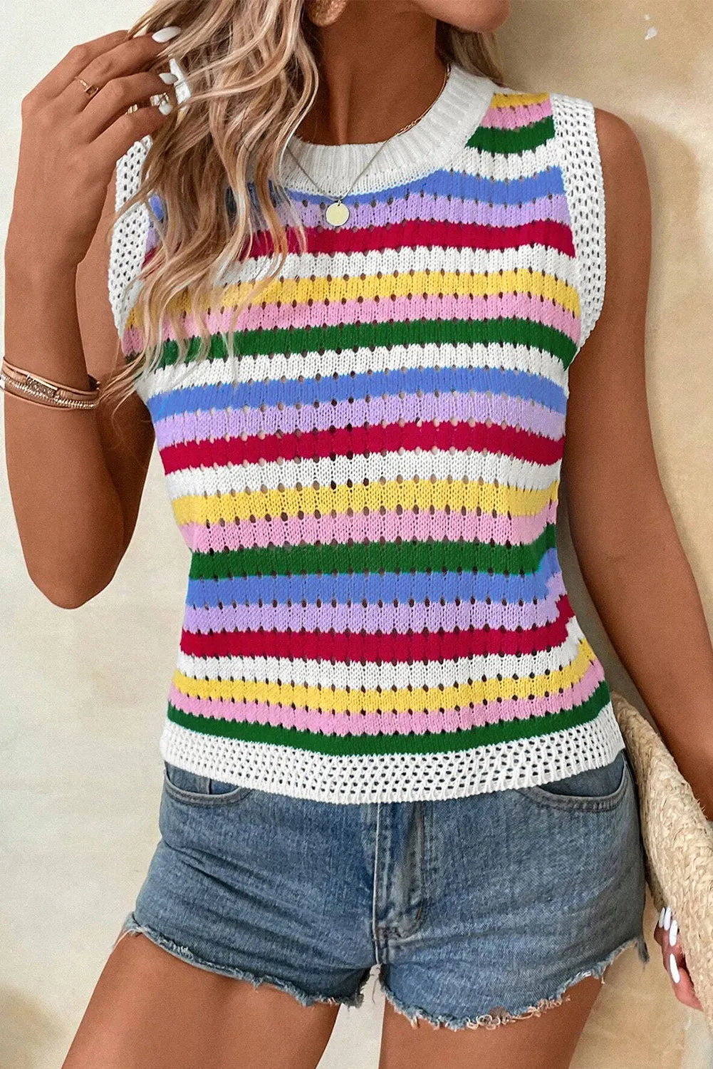 Rainbow stripe crochet tank top with white trim and open knit details.