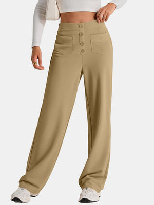 Button-front palazzo trousers in camel with patch pockets and a high waist.