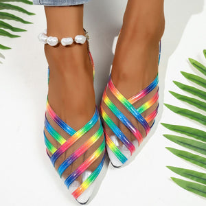 Chic mesh pointed slingback sandals with rainbow straps and a pearl anklet.
