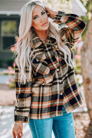 Soft plaid shacket with button front and patch pockets in khaki and navy tones.