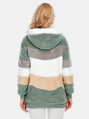 Teddy fleece zip-up hoodie in colorblocked green, taupe, white, and grey.