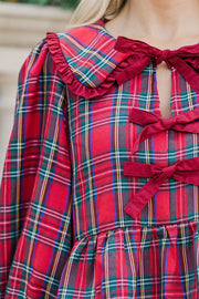 Plaid Tie Neck Ruffle Cuffs Blouse, back view