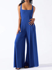Royal blue square neck palazzo jumpsuit with wide legs and pockets.