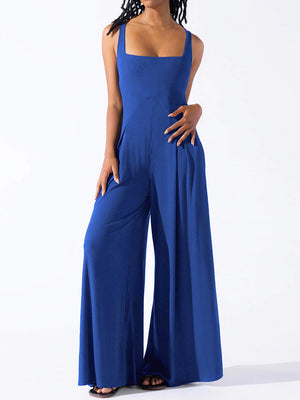 Royal blue square neck palazzo jumpsuit with wide legs and pockets.