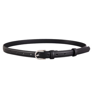 Skinny black leather belt with silver buckle and multiple holes for adjustable fit.