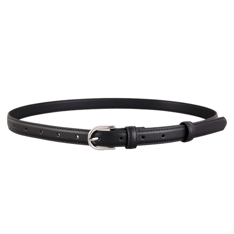 Skinny black leather belt with silver buckle and multiple holes for adjustable fit.
