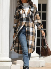 Plaid longline trench coat in brown and grey with button front and pockets.