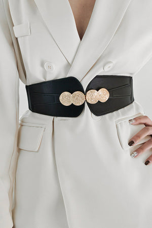 Black elastic belt with embossed gold clasp detail