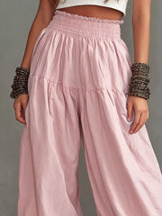 Full Size Smocked Ruffle Hem Wide Leg Pants in Mustard, fabric detail