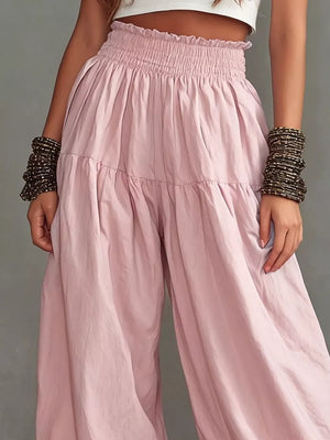 Full Size Smocked Ruffle Hem Wide Leg Pants in Mustard, fabric detail