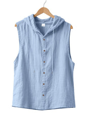 Light blue cotton hooded sleeveless shirt with button front and drawstring detail