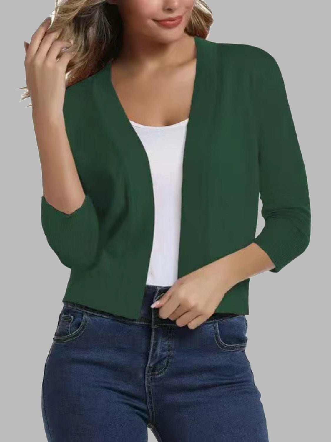 Mid Green cropped elbow-sleeve open-front knit cardigan with ribbed cuffs.