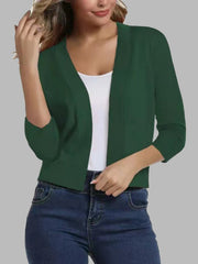 Mid Green cropped elbow-sleeve open-front knit cardigan with ribbed cuffs.