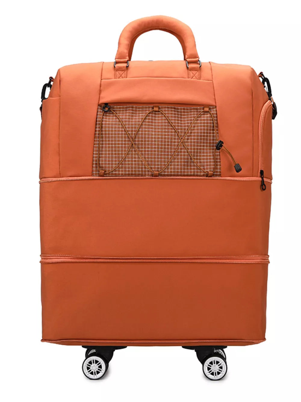 Orange large rolling travel organizer bag with mesh pocket and wheels