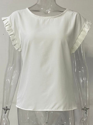 White cap-sleeve blouse with pleated sleeve details