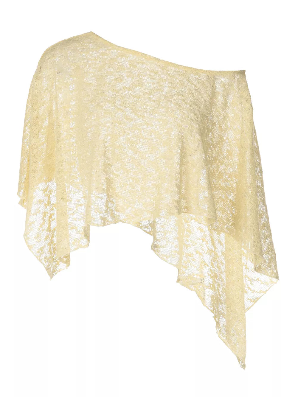 Yellow sheer one-shoulder cropped cardigan with a lace-like pattern and asymmetrical hem.