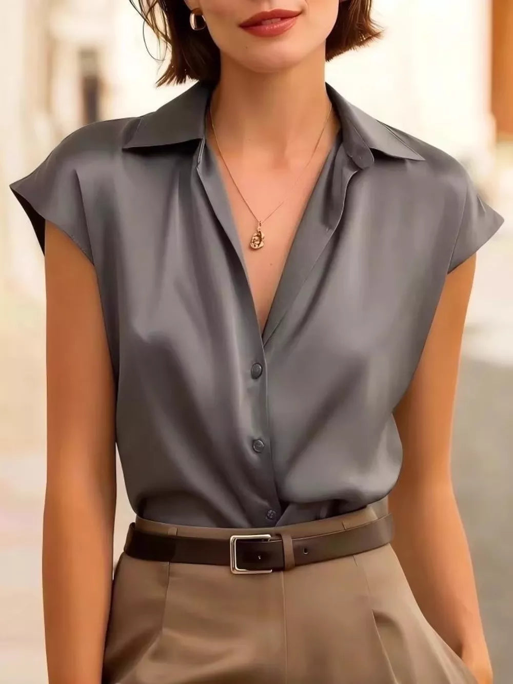 Grey lustrous cap sleeve button-up shirt with a collared neckline.