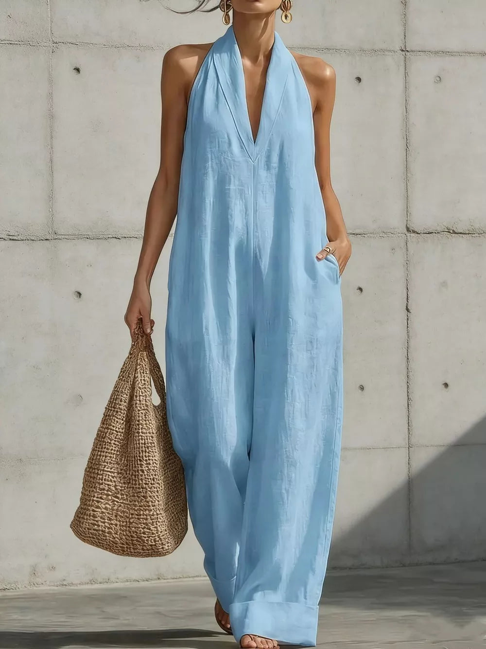 Full Size Halter Neck Wide-leg Jumpsuit Plus Size, fabric detail