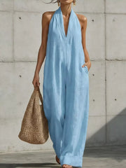 Full Size Halter Neck Wide-leg Jumpsuit Plus Size, fabric detail