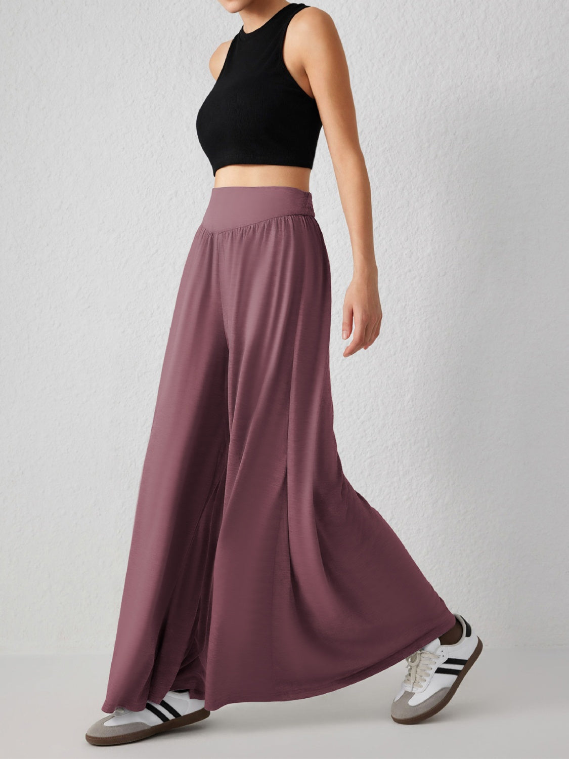 Drape-front wide-leg jersey trousers in Moonlit Mauve with a high waist.