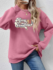 Festive Message Round Neck Sweatshirt in Blush Pink with retro Christmas trees and text graphic.